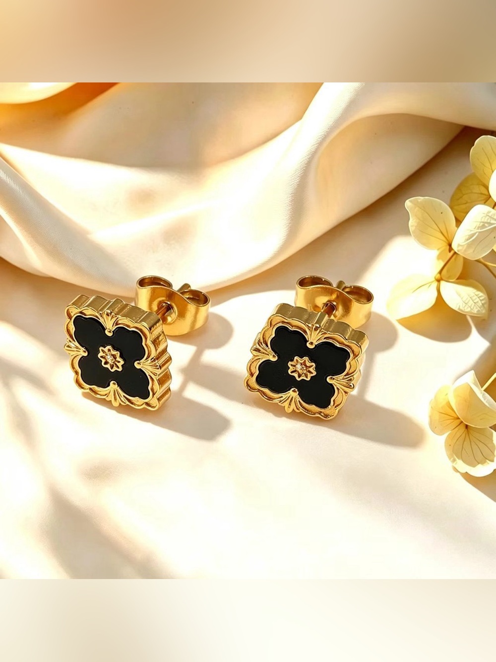Stainless Steel in Gold Black Floral Square Stud Earrings - Women's Jewelry